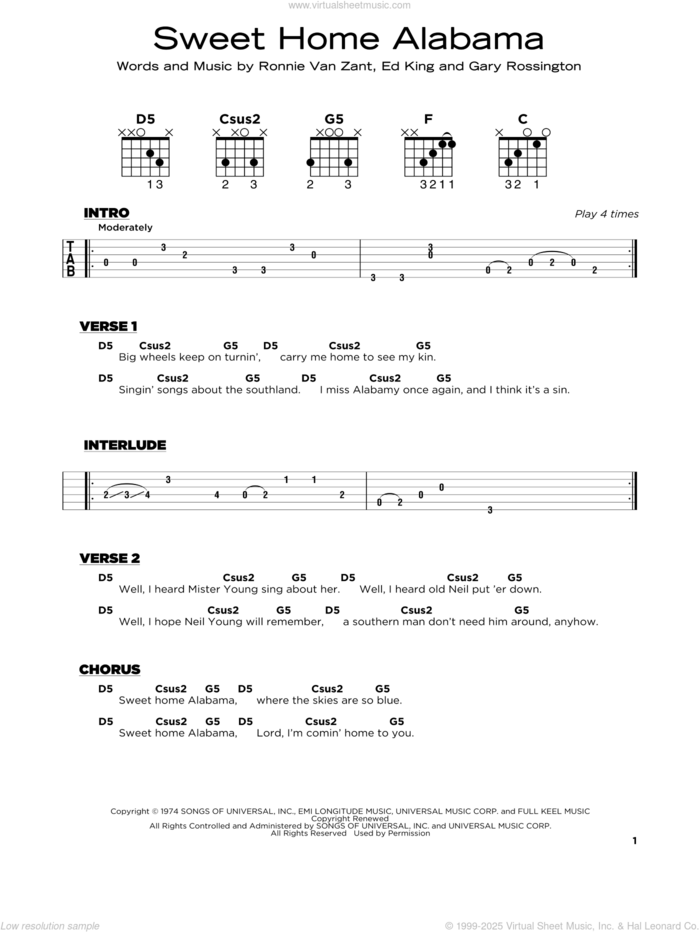 Sweet Home Alabama sheet music for guitar solo by Lynyrd Skynyrd, Edward King, Gary Rossington and Ronnie Van Zant, beginner skill level