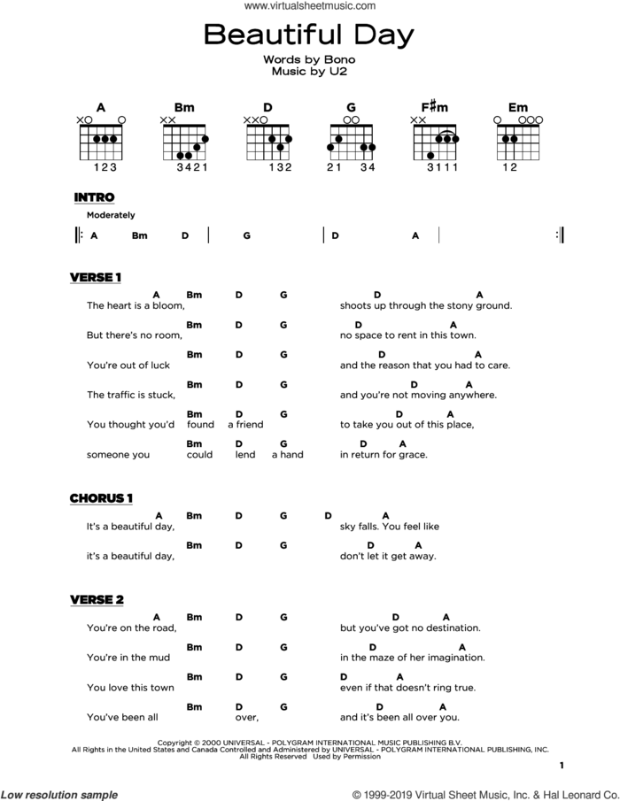Beautiful Day sheet music for guitar solo by U2 and Bono, beginner skill level