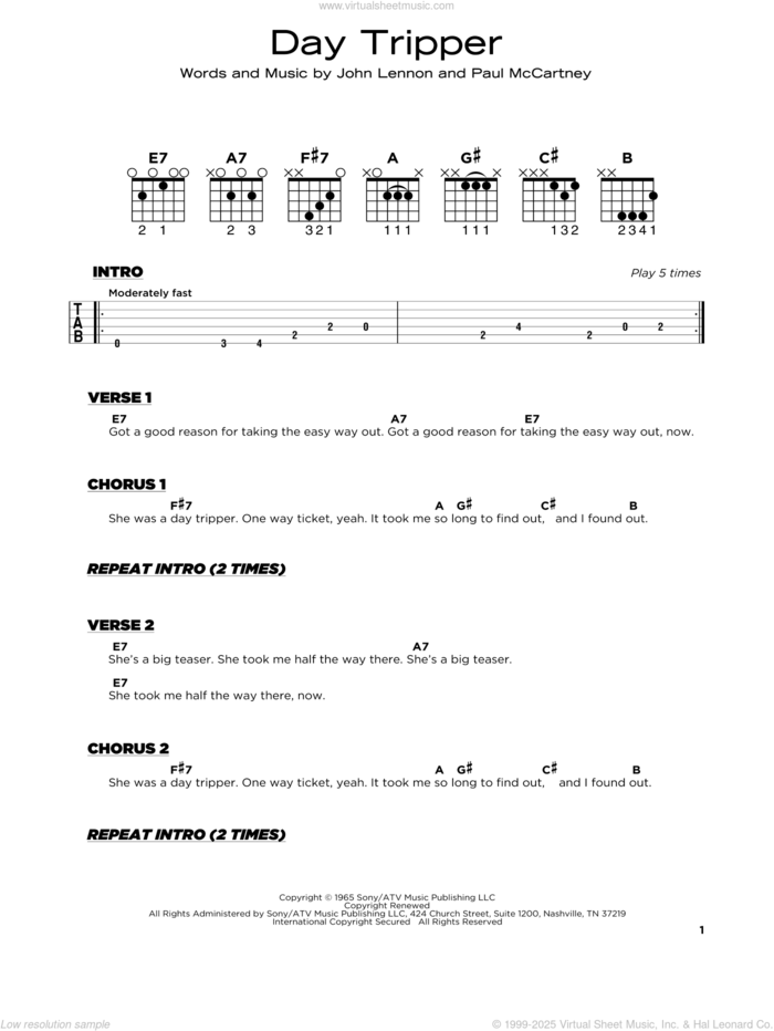 Day Tripper, (beginner) sheet music for guitar solo by The Beatles, John Lennon and Paul McCartney, beginner skill level