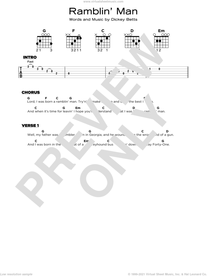 Ramblin' Man sheet music for guitar solo by The Allman Brothers Band and Dickey Betts, beginner skill level