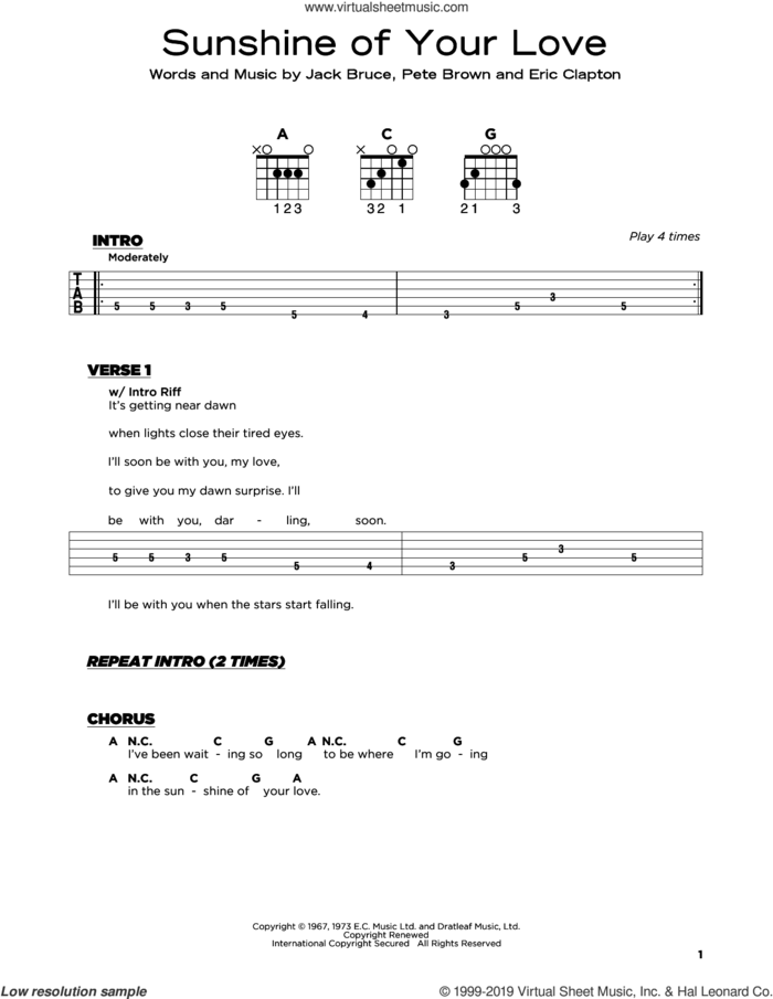 Sunshine Of Your Love sheet music for guitar solo by Cream, Eric Clapton, Jack Bruce and Pete Brown, beginner skill level