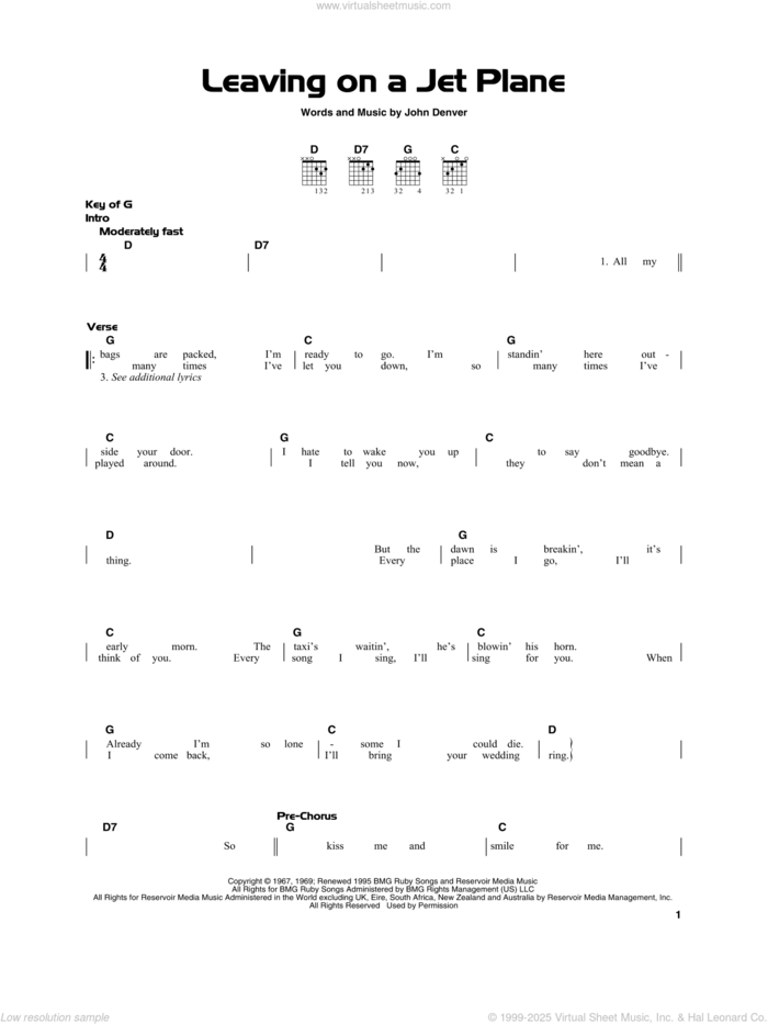 Leaving On A Jet Plane, (beginner) sheet music for guitar solo by John Denver, beginner skill level