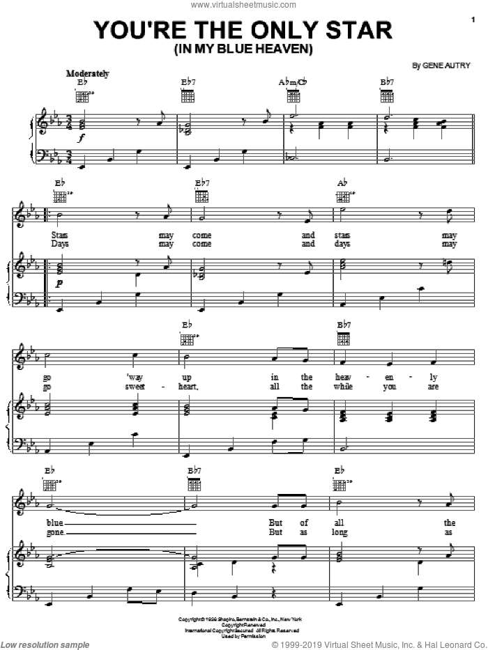 You're The Only Star (In My Blue Heaven) sheet music for voice, piano or guitar by Gene Autry, intermediate skill level