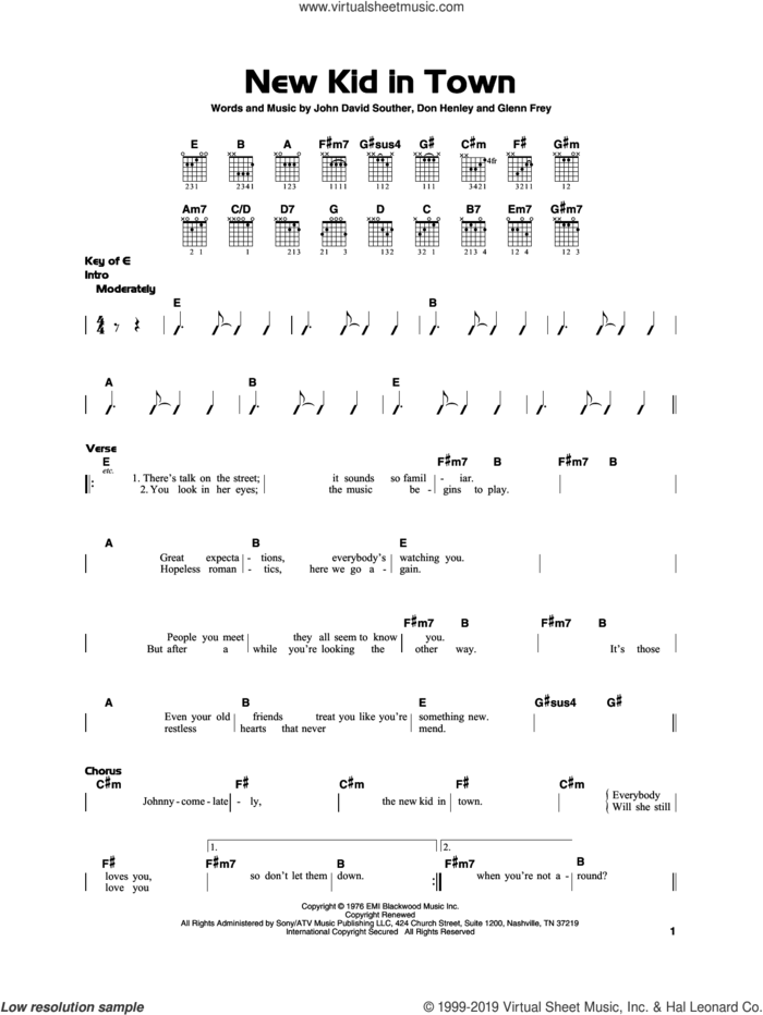 New Kid In Town sheet music for guitar solo by Don Henley, The Eagles, Glenn Frey and John David Souther, beginner skill level