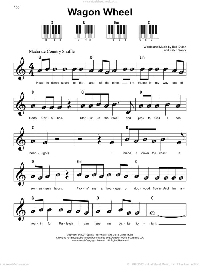 Wagon Wheel sheet music for piano solo by Old Crow Medicine Show, Boby Dylan and Ketch Secor, beginner skill level