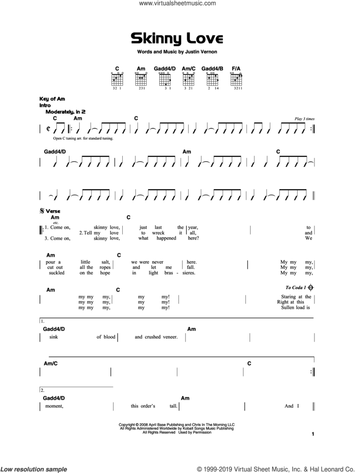 Skinny Love sheet music for guitar solo by Bon Iver and Justin Vernon, beginner skill level