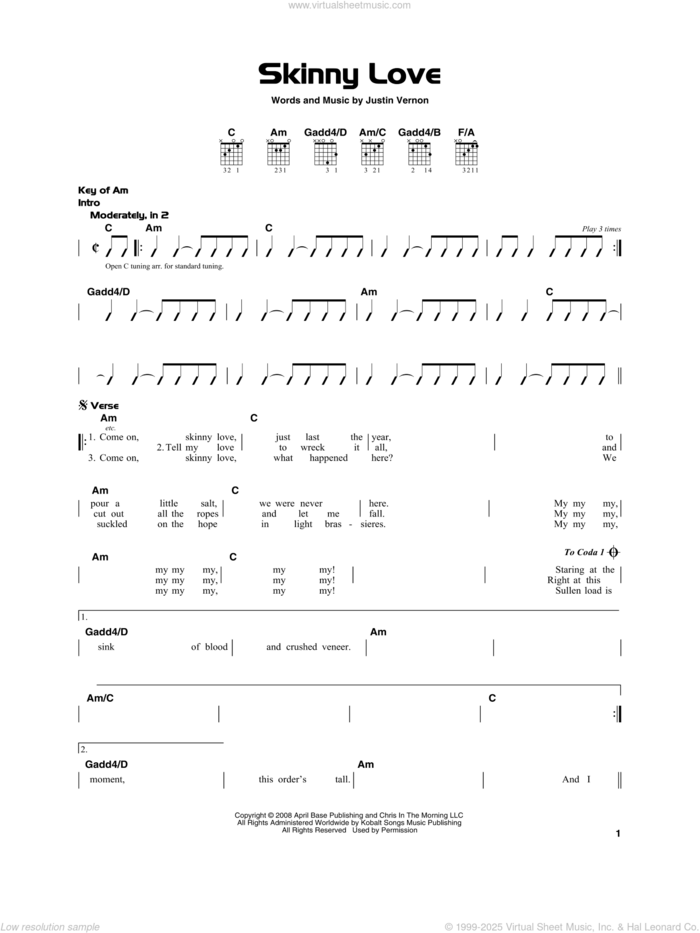 Skinny Love sheet music for guitar solo by Bon Iver and Justin Vernon, beginner skill level