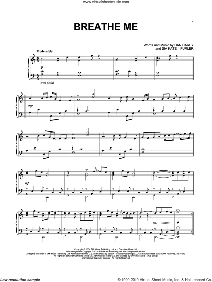 Breathe Me sheet music for piano solo by Sia, Dan Carey and Sia Kate I. Furler, intermediate skill level