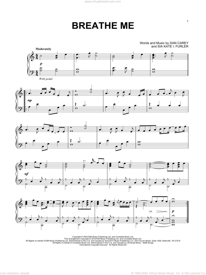 Breathe Me sheet music for piano solo by Sia, Dan Carey and Sia Kate I. Furler, intermediate skill level