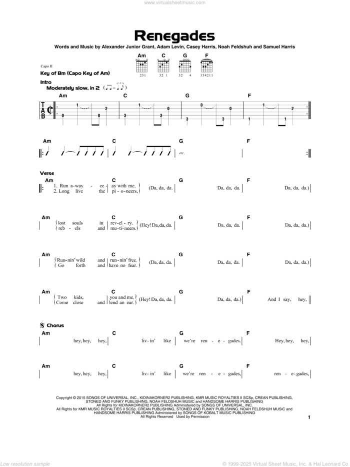 Renegades sheet music for guitar solo by X Ambassadors, Adam Levin, Alexander Junior Grant, Casey Harris, Noah Feldshuh and Samuel Harris, beginner skill level