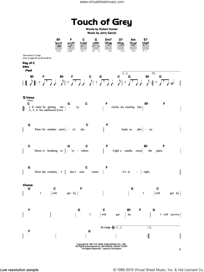 Touch Of Grey sheet music for guitar solo by Grateful Dead, Jerry Garcia and Robert Hunter, beginner skill level