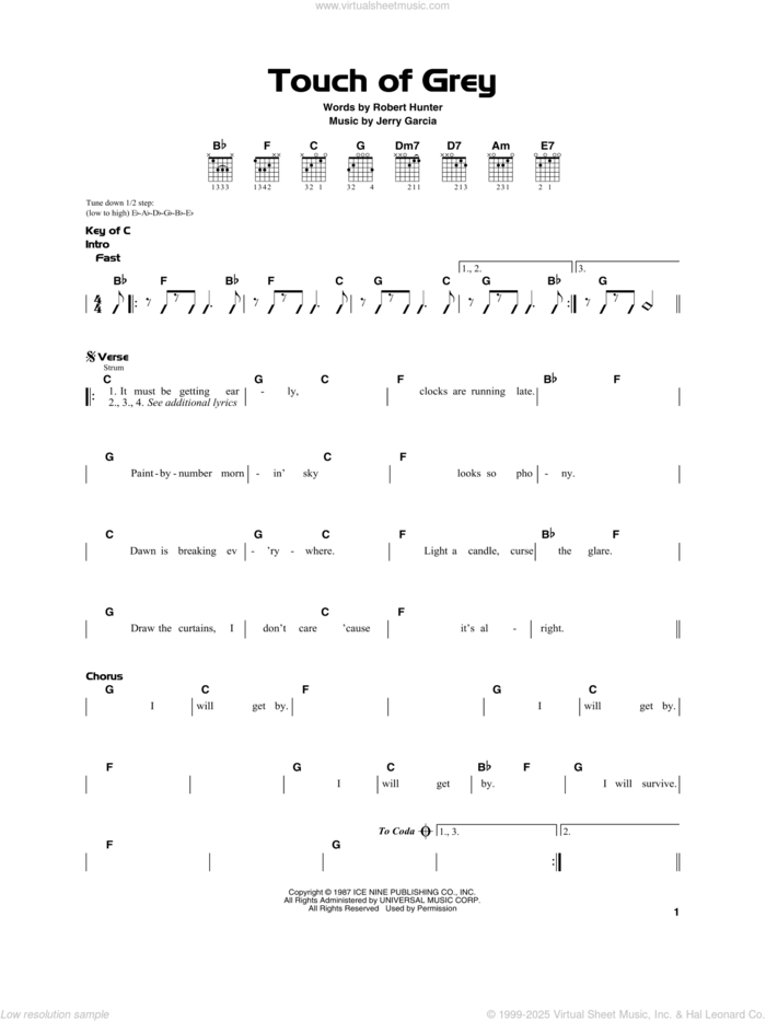 Touch Of Grey sheet music for guitar solo by Grateful Dead, Jerry Garcia and Robert Hunter, beginner skill level