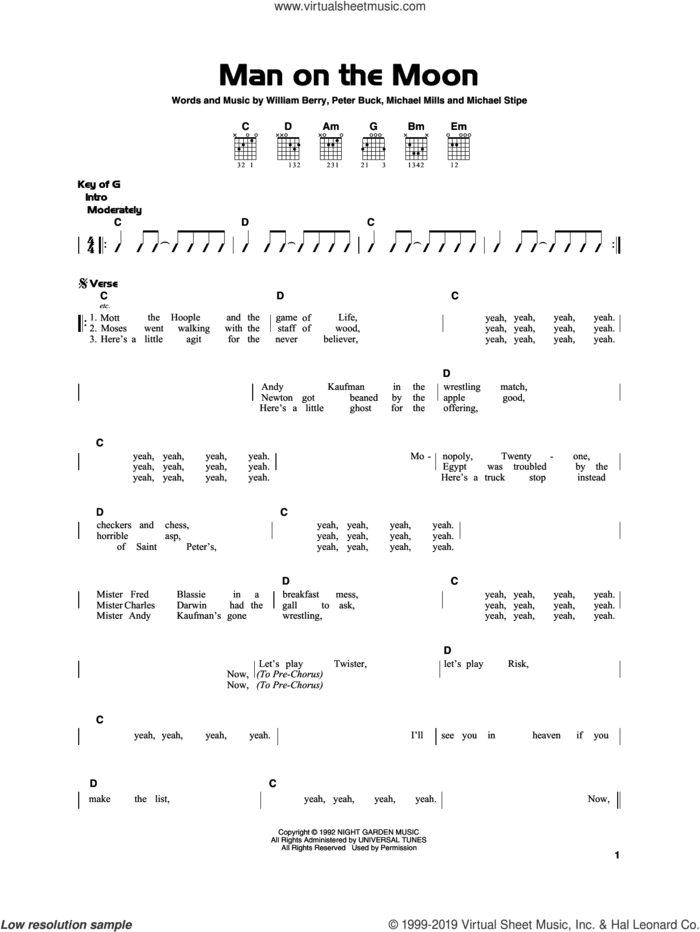 Man On The Moon sheet music for guitar solo by R.E.M., Michael Stipe, Mike Mills, Peter Buck and William Berry, beginner skill level