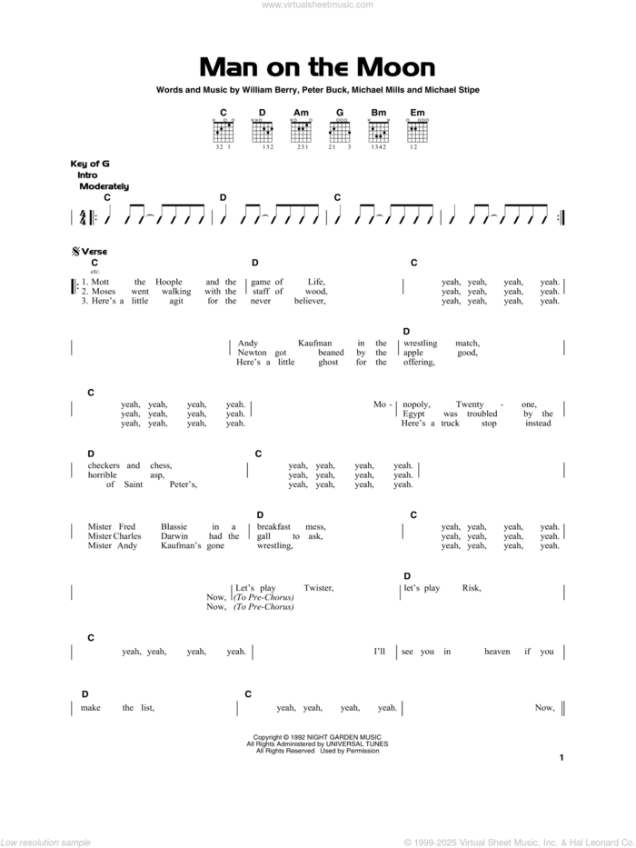 Man On The Moon sheet music for guitar solo by R.E.M., Michael Stipe, Mike Mills, Peter Buck and William Berry, beginner skill level