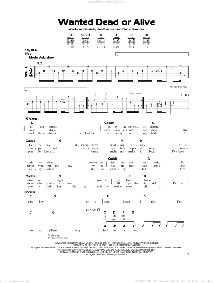 Wanted Dead Or Alive sheet music for guitar solo by Bon Jovi, Chris Daughtry and Richie Sambora, beginner skill level