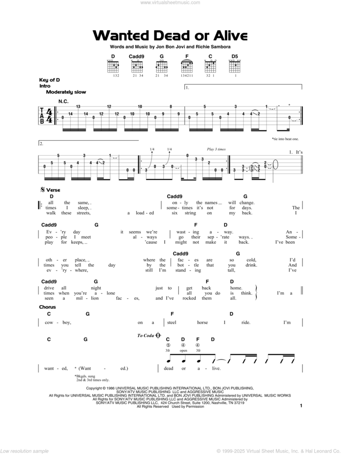 Wanted Dead Or Alive sheet music for guitar solo by Bon Jovi, Chris Daughtry and Richie Sambora, beginner skill level