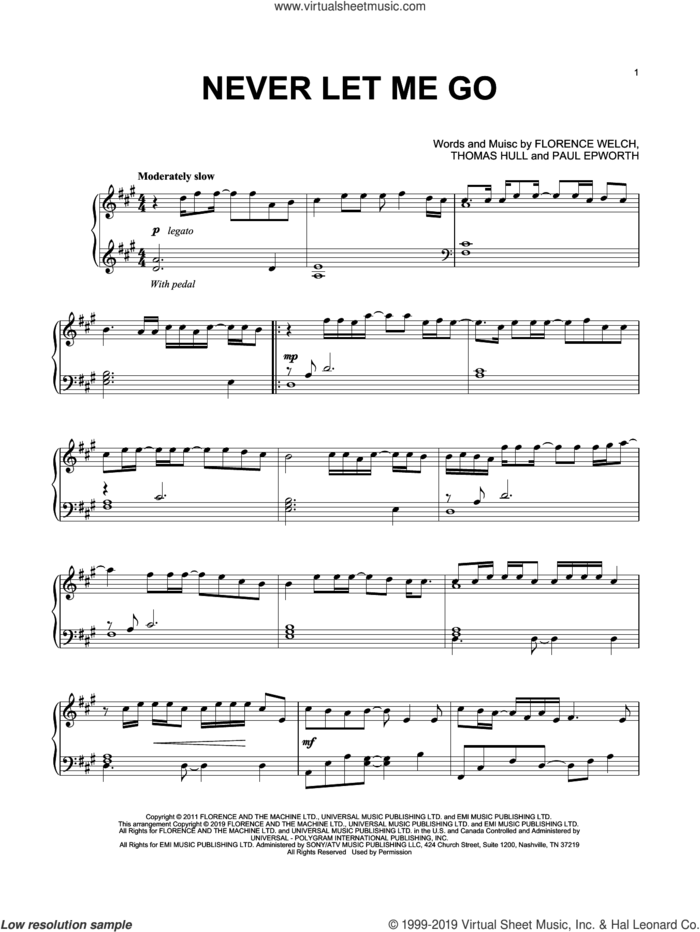 Never Let Me Go sheet music for piano solo by Florence And The Machine, Florence Welch, Paul Epworth and Tom Hull, intermediate skill level