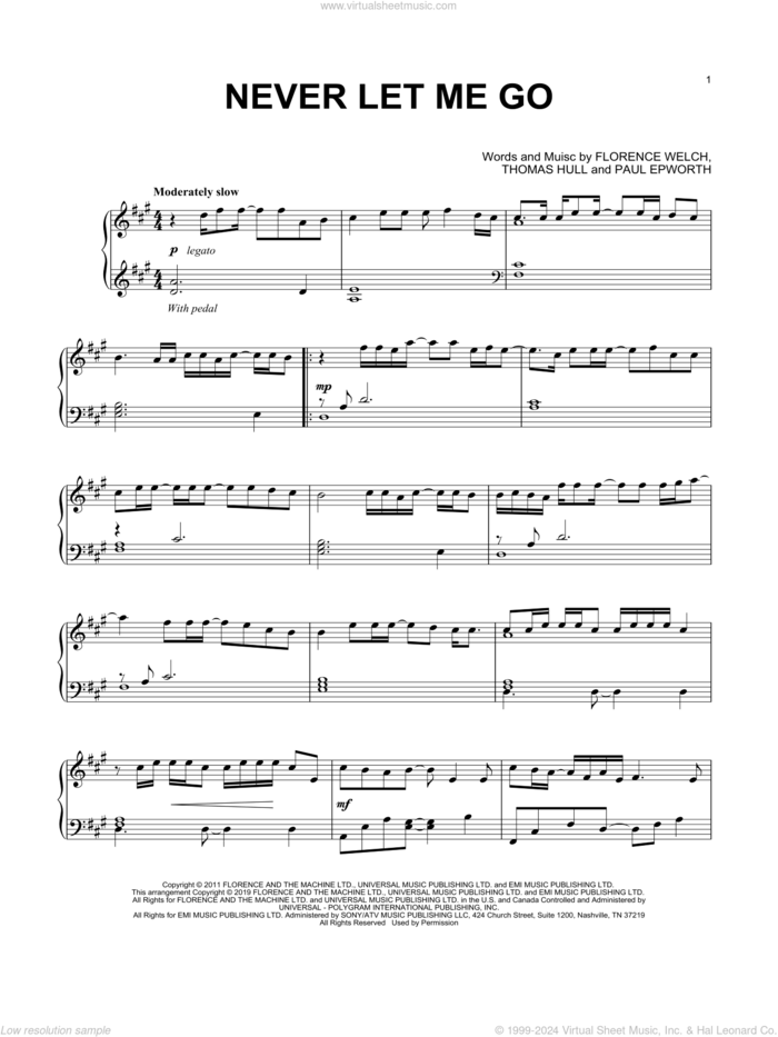 Never Let Me Go sheet music for piano solo by Florence And The Machine, Florence Welch, Paul Epworth and Tom Hull, intermediate skill level