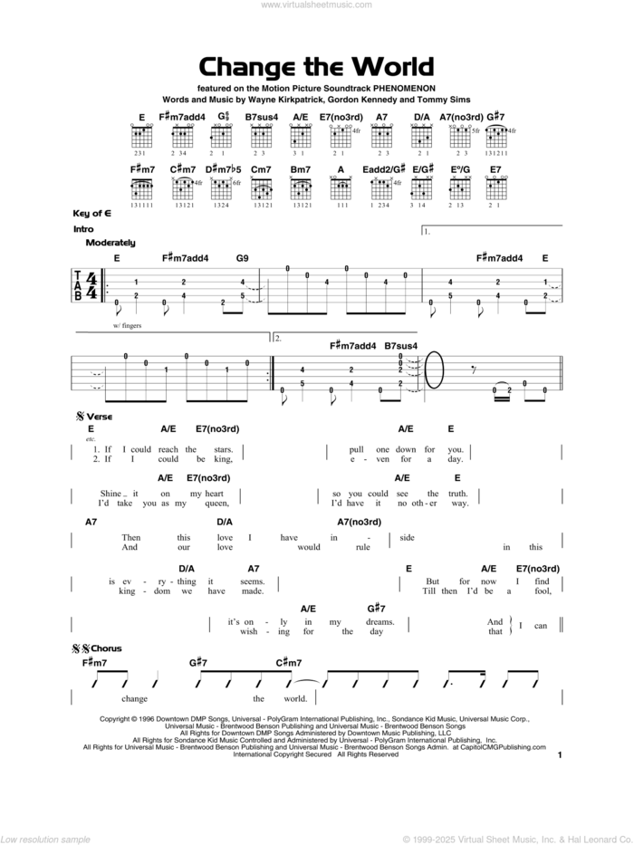 Change The World, (beginner) sheet music for guitar solo by Eric Clapton, Gordon Kennedy, Tommy Sims and Wayne Kirkpatrick, beginner skill level