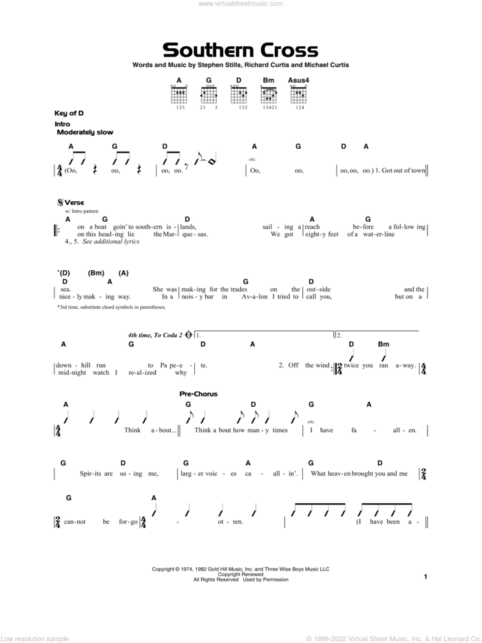 Southern Cross sheet music for guitar solo by Crosby, Stills & Nash, Michael Curtis, Richard Curtis and Stephen Stills, beginner skill level