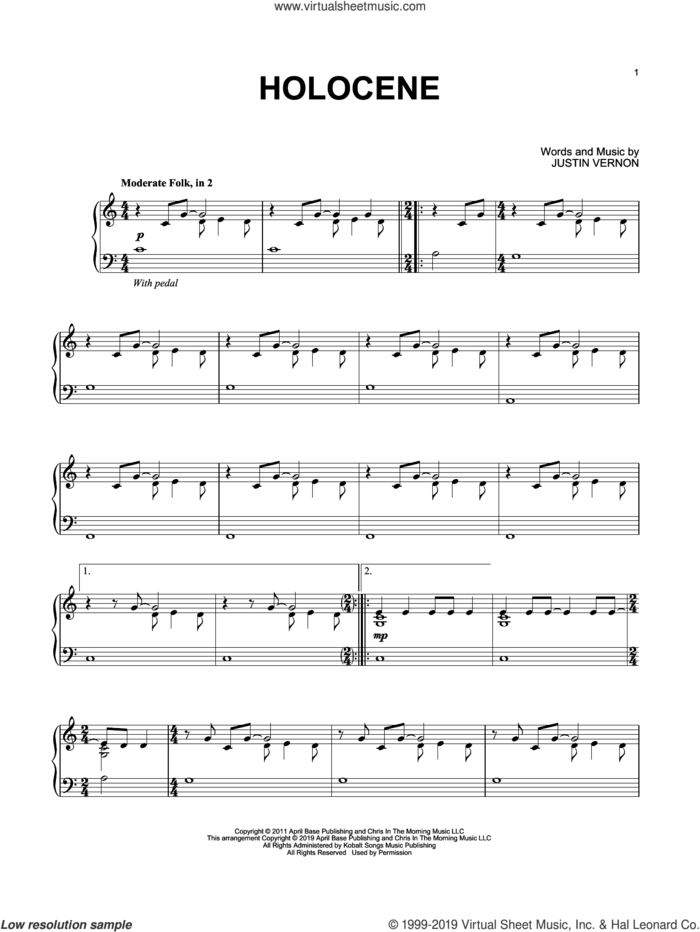 Holocene sheet music for piano solo by Bon Iver and Justin Vernon, intermediate skill level