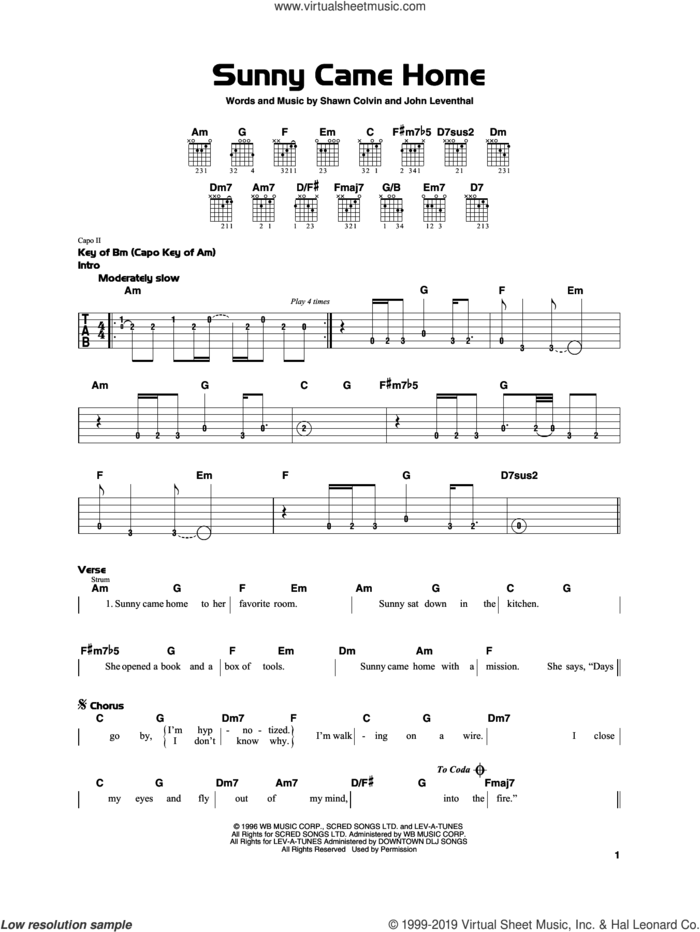Sunny Came Home sheet music for guitar solo by Shawn Colvin and John Leventhal, beginner skill level