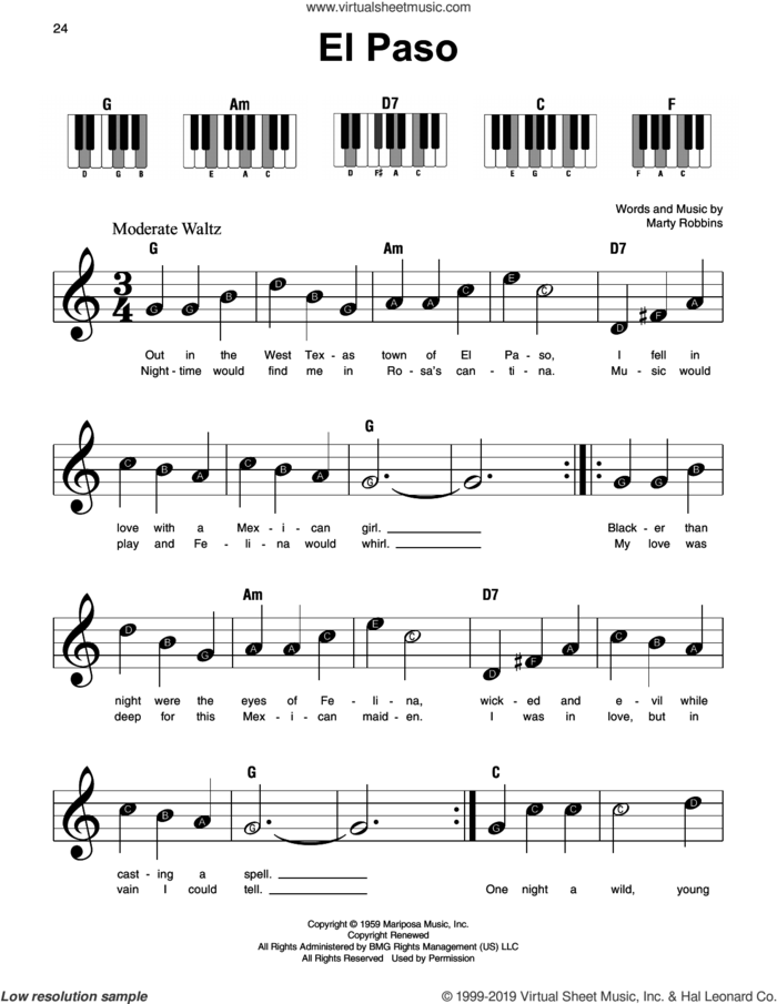 El Paso sheet music for piano solo by Marty Robbins, beginner skill level