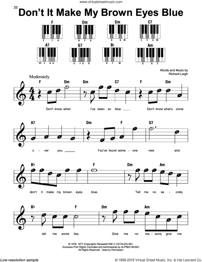 Don't It Make My Brown Eyes Blue sheet music for piano solo by Crystal Gayle and Richard Leigh, beginner skill level