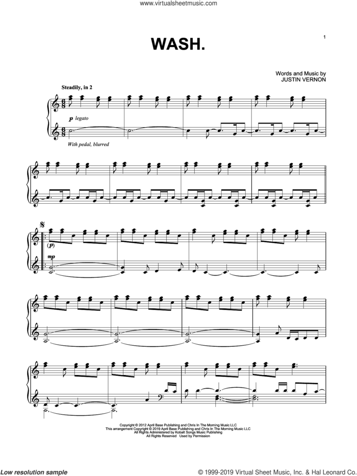 Wash. sheet music for piano solo by Bon Iver and Justin Vernon, intermediate skill level