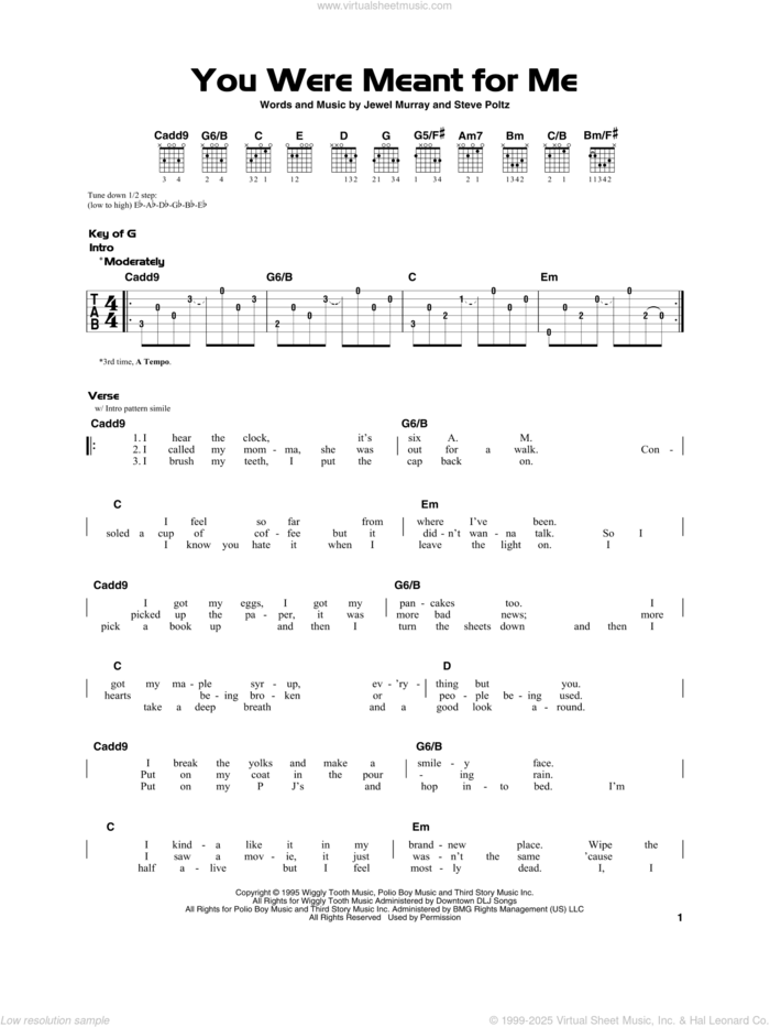 You Were Meant For Me sheet music for guitar solo by Jewel, Jewel Murray and Steve Poltz, beginner skill level