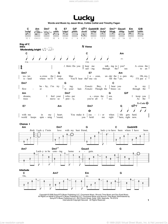 Lucky sheet music for guitar solo by Jason Mraz & Colbie Caillat, Colbie Caillat, Jason Mraz and Timothy Fagan, beginner skill level