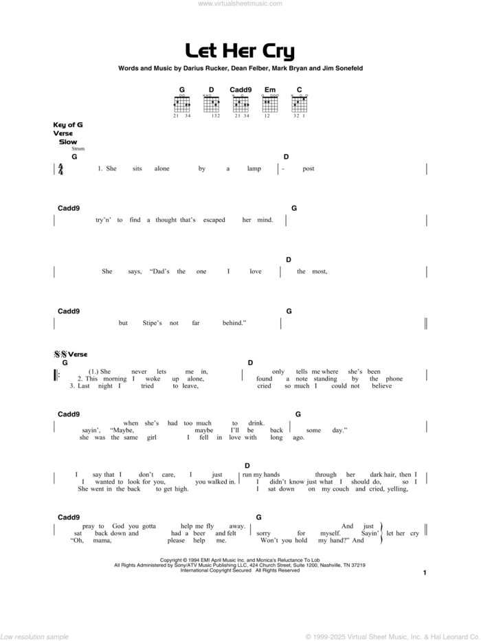 Let Her Cry sheet music for guitar solo by Hootie & The Blowfish, Darius Rucker, Dean Felber, Jim Sonefeld and Mark Bryan, beginner skill level