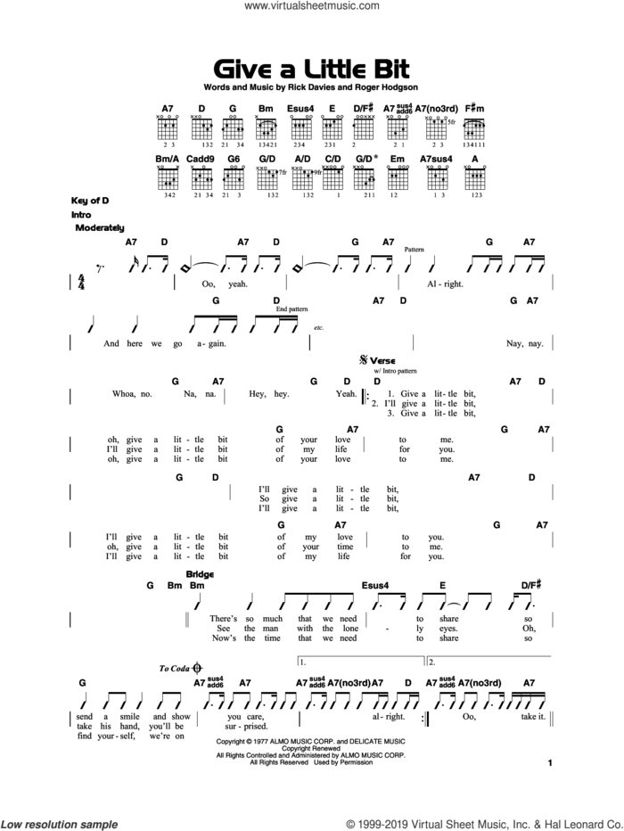 Give A Little Bit sheet music for guitar solo by Supertramp, Rick Davies and Roger Hodgson, beginner skill level