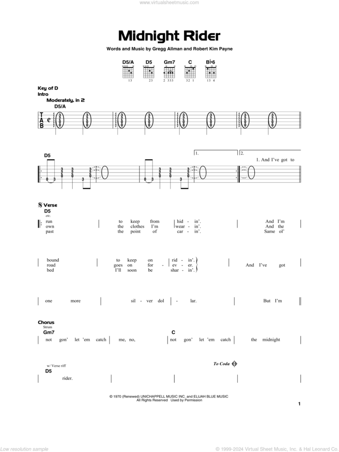 Midnight Rider sheet music for guitar solo by The Allman Brothers Band, Gregg Allman and Robert Kim Payne, beginner skill level