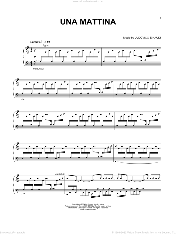 Una Mattina sheet music for piano solo by Ludovico Einaudi, classical score, intermediate skill level