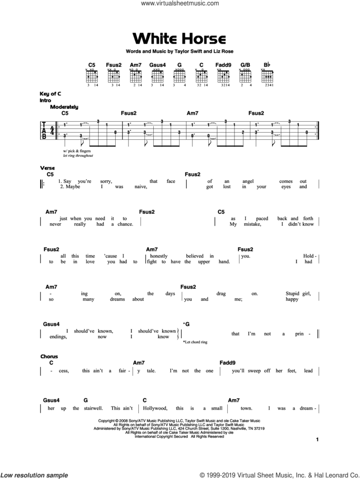 White Horse sheet music for guitar solo by Taylor Swift and Liz Rose, beginner skill level