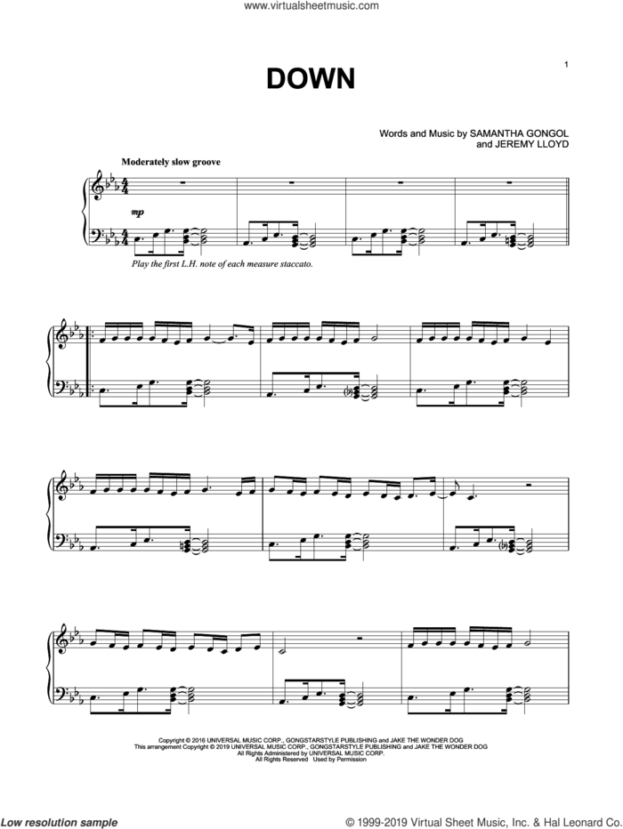 Down sheet music for piano solo by Marian Hill, Jeremy LLoyd and Samantha Gongol, intermediate skill level