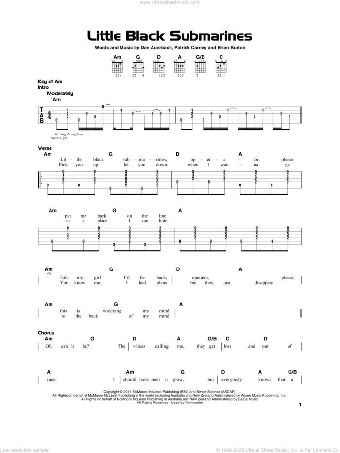 Little Black Submarines sheet music for guitar solo by The Black Keys, Brian Burton, Daniel Auerbach and Patrick Carney, beginner skill level