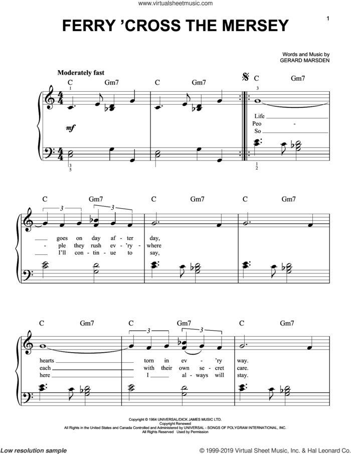 Ferry 'Cross The Mersey sheet music for piano solo by Gerry & The Pacemakers and Gerry Marsden, easy skill level