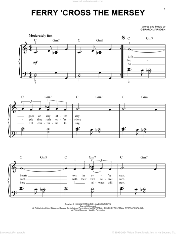 Ferry 'Cross The Mersey sheet music for piano solo by Gerry & The Pacemakers and Gerry Marsden, easy skill level