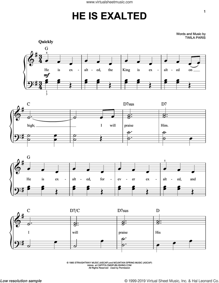 He Is Exalted sheet music for piano solo by Twila Paris, easy skill level