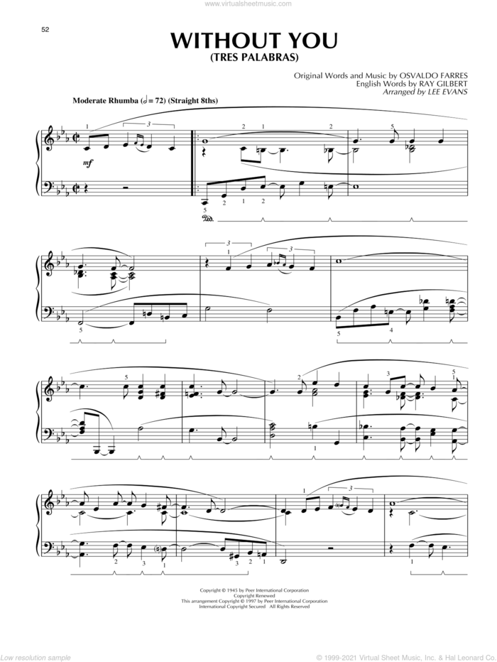 Tres Palabras (Without You) sheet music for piano solo by Nat King Cole, Lee Evans, Osvaldo Farres and Ray Gilbert, intermediate skill level