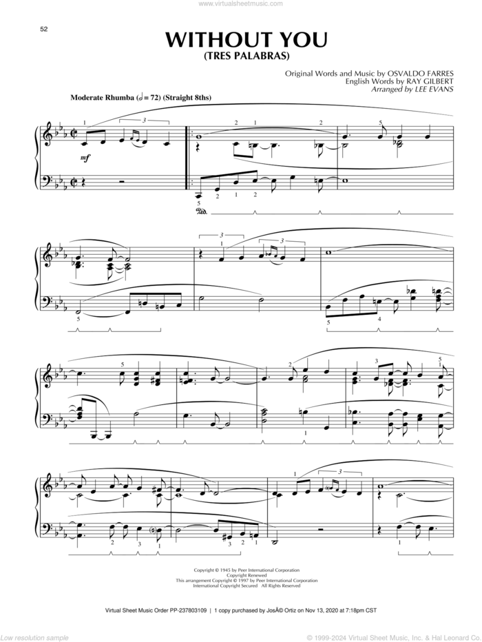 Tres Palabras (Without You) sheet music for piano solo by Nat King Cole, Lee Evans, Osvaldo Farres and Ray Gilbert, intermediate skill level