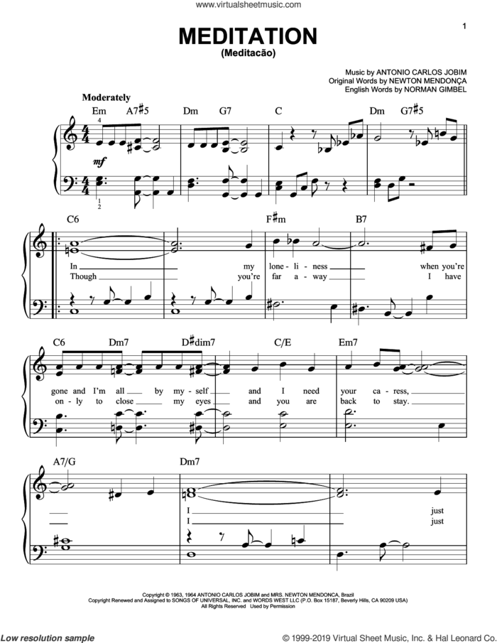 Meditation (Meditacao) sheet music for piano solo by Norman Gimbel, Antonio Carlos Jobim and Newton Mendonca, easy skill level