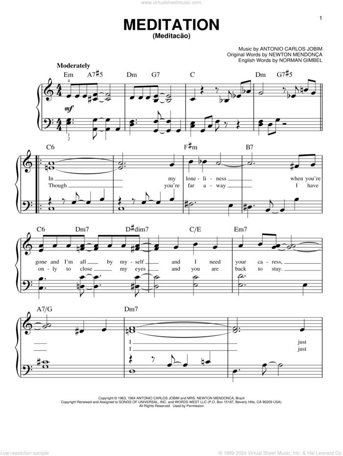 Meditation (Meditacao) sheet music for piano solo by Norman Gimbel, Antonio Carlos Jobim and Newton Mendonca, easy skill level