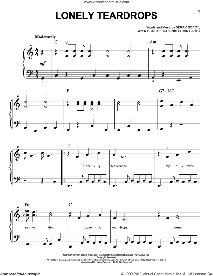 Lonely Teardrops sheet music for piano solo by Jackie Wilson, Berry Gordy, Gwen Gordy Fuqua and Tyran Carlo, easy skill level