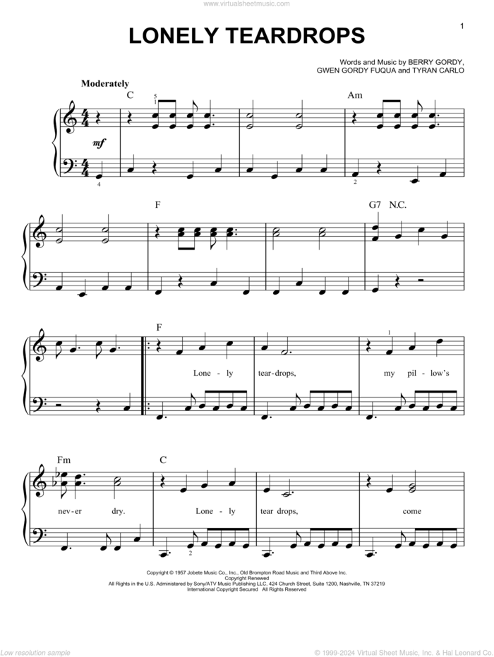 Lonely Teardrops sheet music for piano solo by Jackie Wilson, Berry Gordy, Gwen Gordy Fuqua and Tyran Carlo, easy skill level