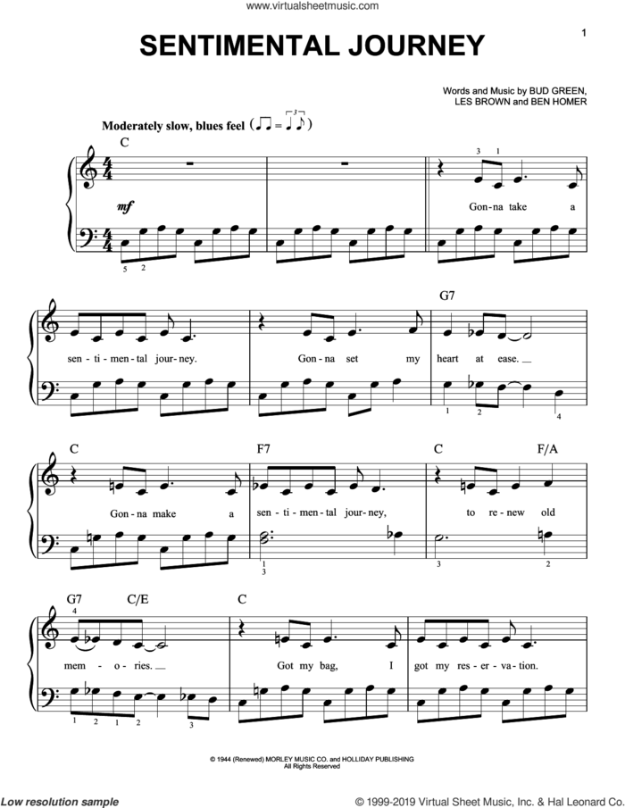 Sentimental Journey sheet music for piano solo by Doris Day, Ben Homer, Bud Green and Les Brown, easy skill level