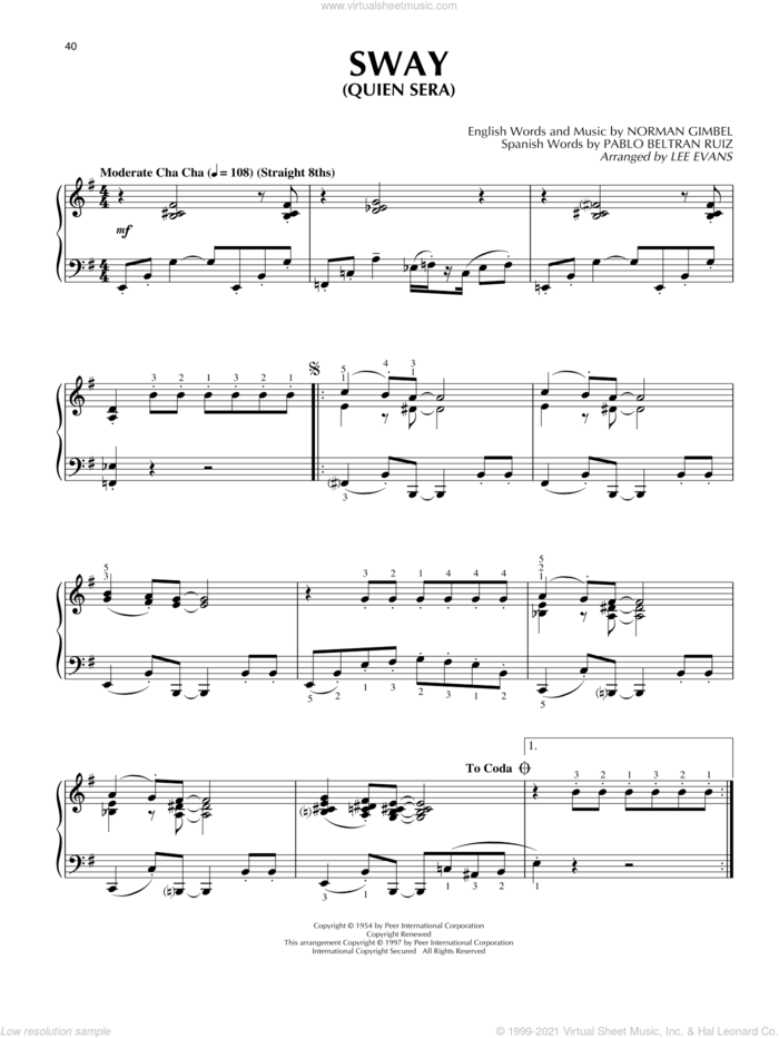 Sway (Quien Sera) sheet music for piano solo by Dean Martin, Lee Evans, Luis Demetrio Traconis Molina, Norman Gimbel and Pablo Beltran Ruiz, intermediate skill level