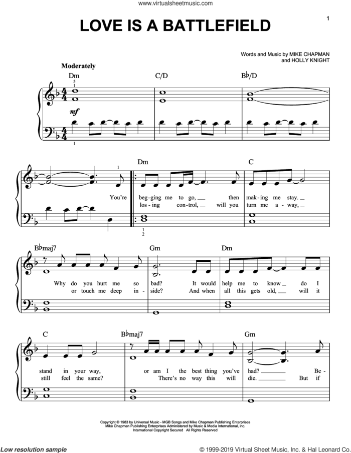 Love Is A Battlefield sheet music for piano solo by Pat Benatar, Holly Knight and Mike Chapman, easy skill level